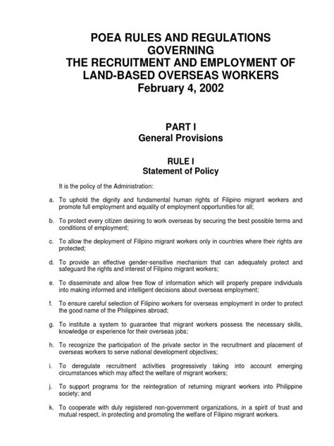 POEA Rules and Regulations Governing the Recruitment and Employment.